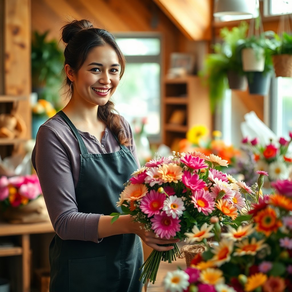 A friendly female florist arranging a beautiful bouquet in a rustic style flower shop, wooden textures, warm natural lighting, cozy atmosphere, photorealistic, shallow depth of field, vibrant flowers