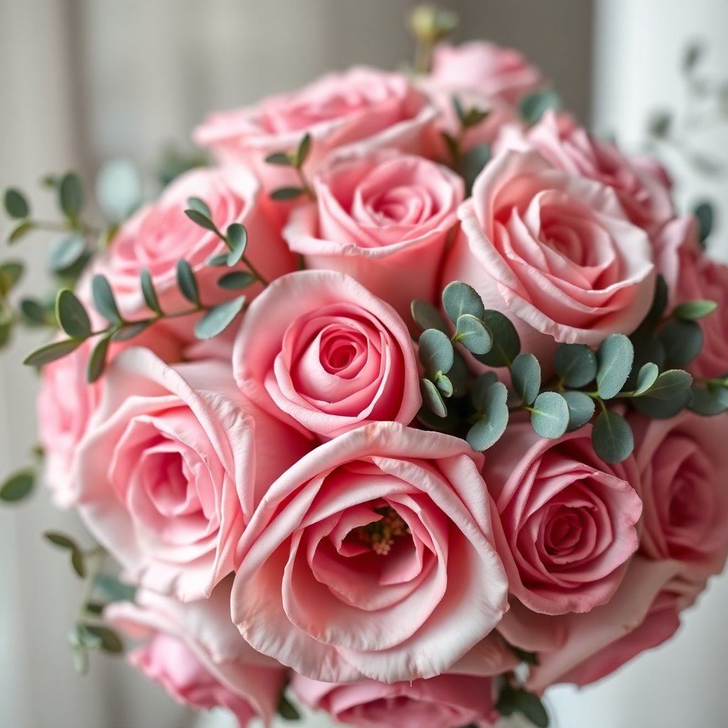 Close-up of a beautiful bridal bouquet with soft pink roses and eucalyptus, elegant floral design, natural light