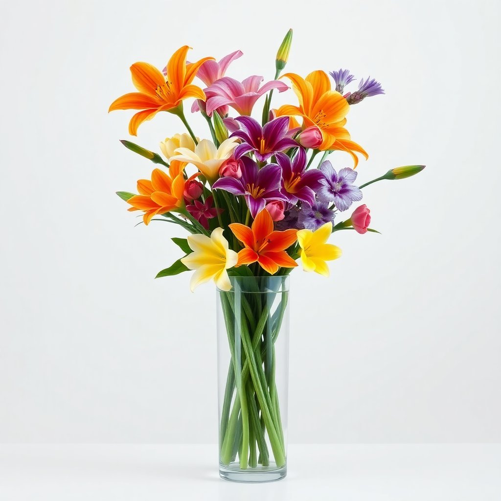 Artistic arrangement of exotic flowers in a tall glass vase, vibrant colors, minimalist modern background, high resolution