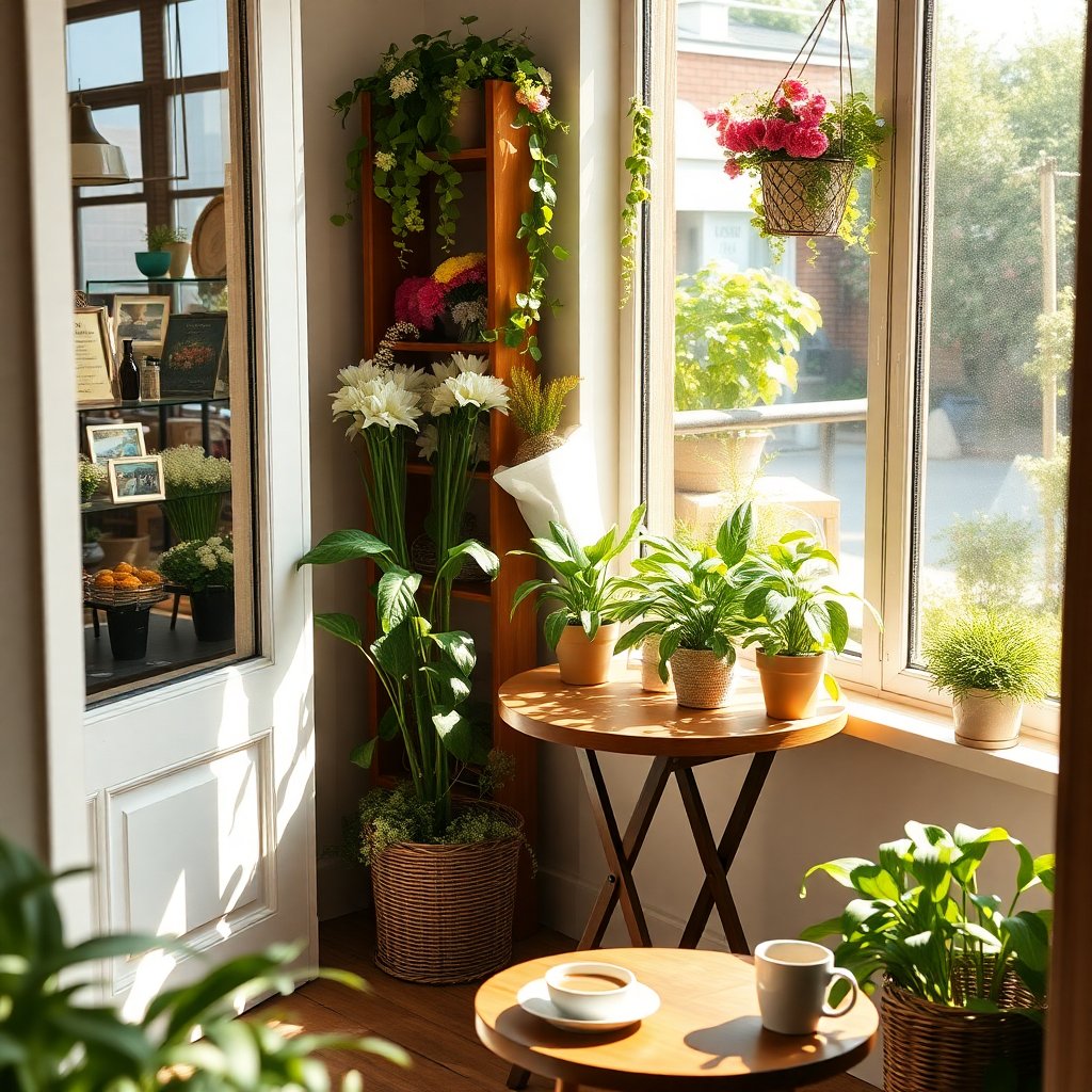 Cozy corner of a flower shop with a small wooden table, green plants, and a cup of coffee, sunny morning light through the window