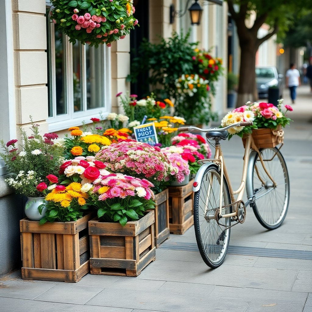 Charming outdoor flower display on a sidewalk, colorful blooms in wooden crates, vintage bicycle with flower basket, romantic atmosphere