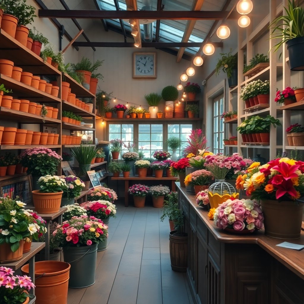 Interior of a charming flower shop, shelves with terracotta pots, buckets of fresh flowers, vintage wooden counter, warm fairy lights, 8k